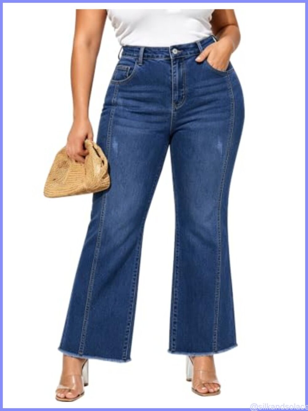 Plus Size Flare Jeans Raw Hem High Rise Denim Pants Stretch Casual